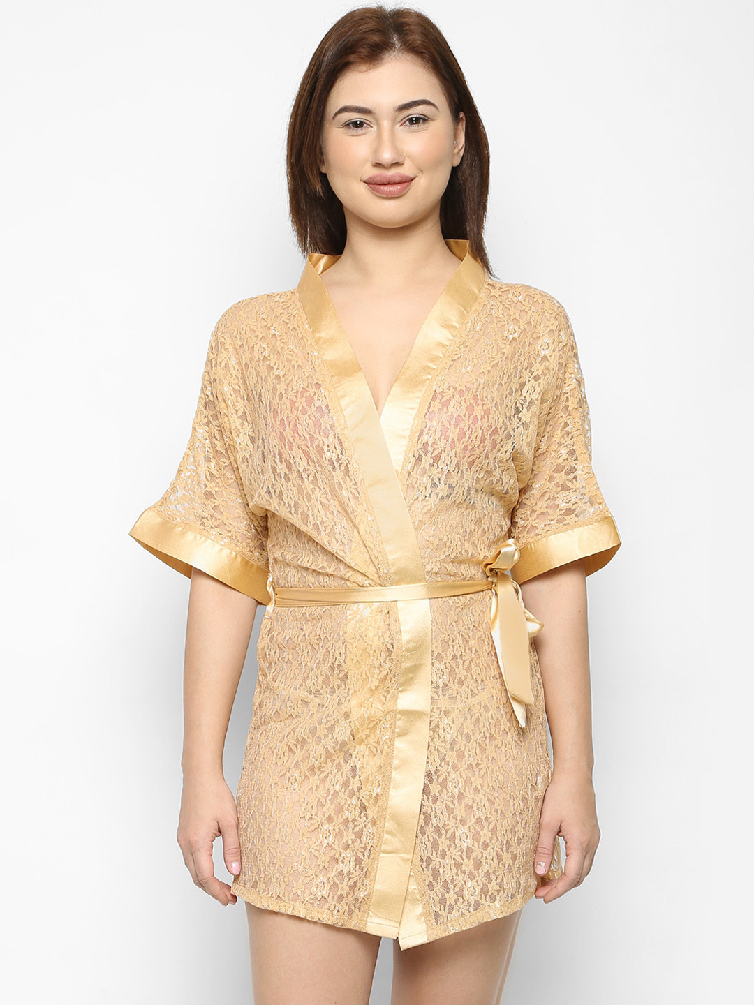 

Ms.Lingies Women Beige & Gold-Coloured Self-Design Robe With G-String Briefs