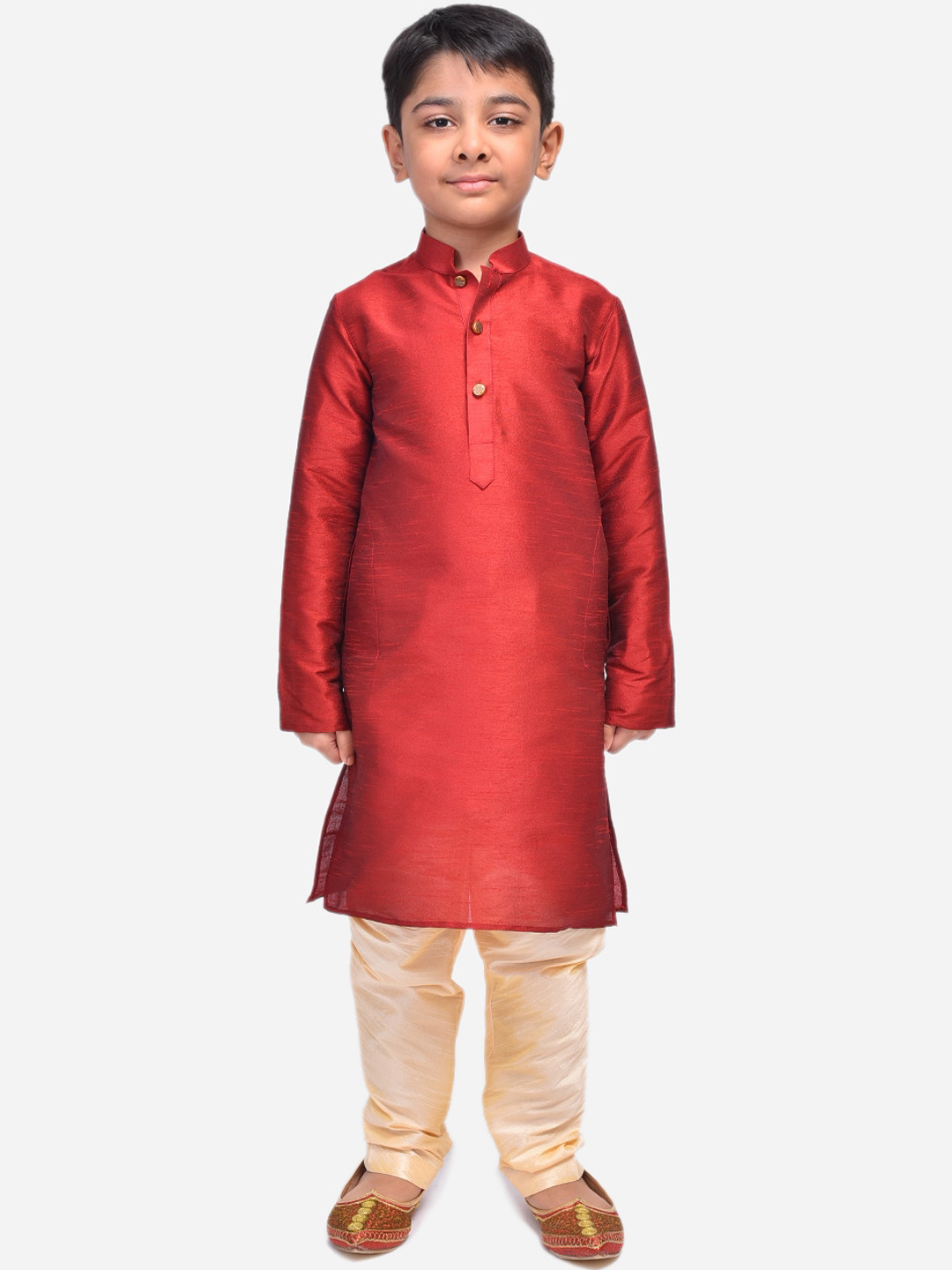 

NAMASKAR Boys Solid Dupion Silk Kurta with Churidar, Maroon