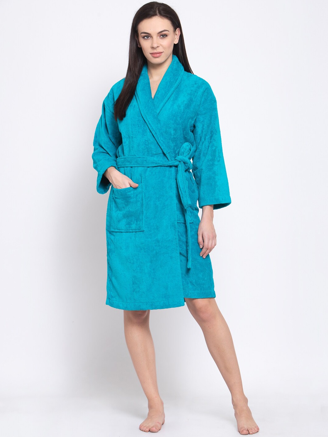 MYTRIDENT Women Teal-Blue Solid Bath Robe