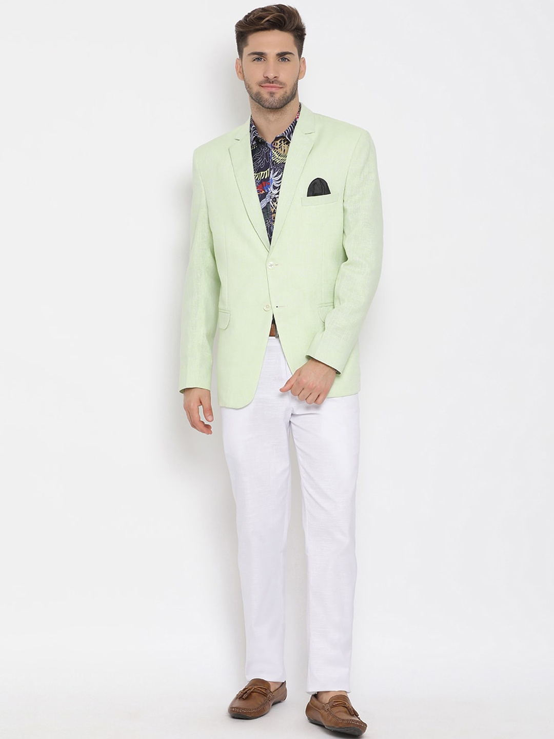 

Hangup Men Green & White Solid Single-Breasted Three-Piece Suit