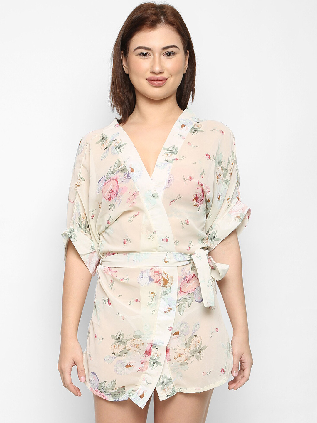 

Ms.Lingies Women Beige & Pink Printed Robe With G-String Briefs