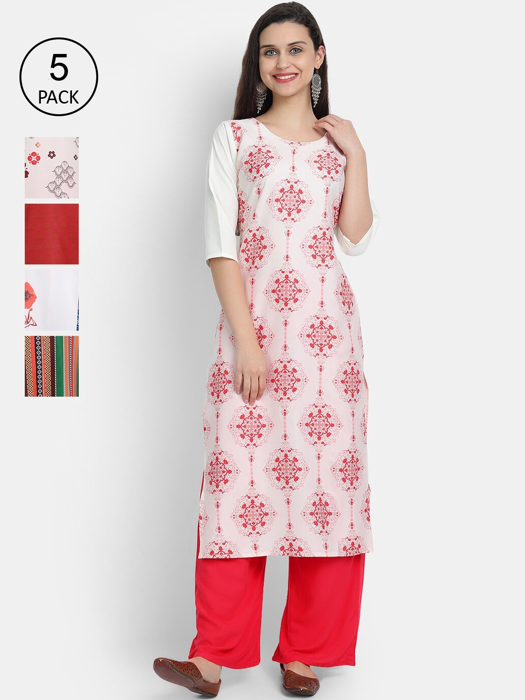 

7Threads Women Multicoloured Set of 5 Ethnic Motifs Printed Crepe Kurta, Multi