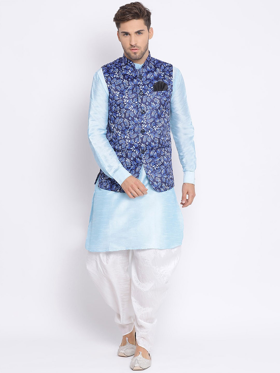 

Hangup Men Blue & White Solid Kurta And Dhoti Pants With Nehru Jacket