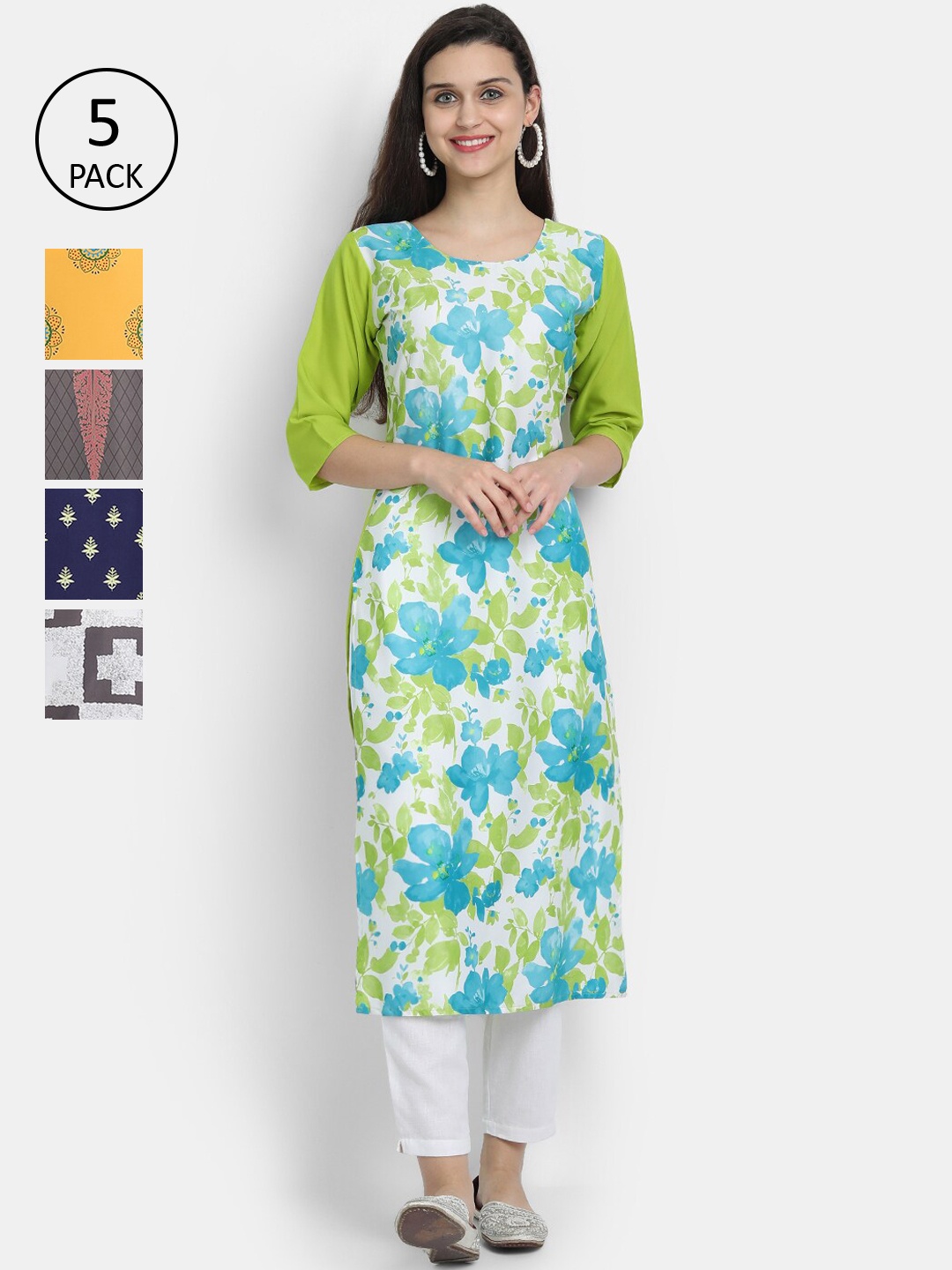 

7threads Women Multicoloured Pack of 5 Floral Printed Crepe Kurta, Multi