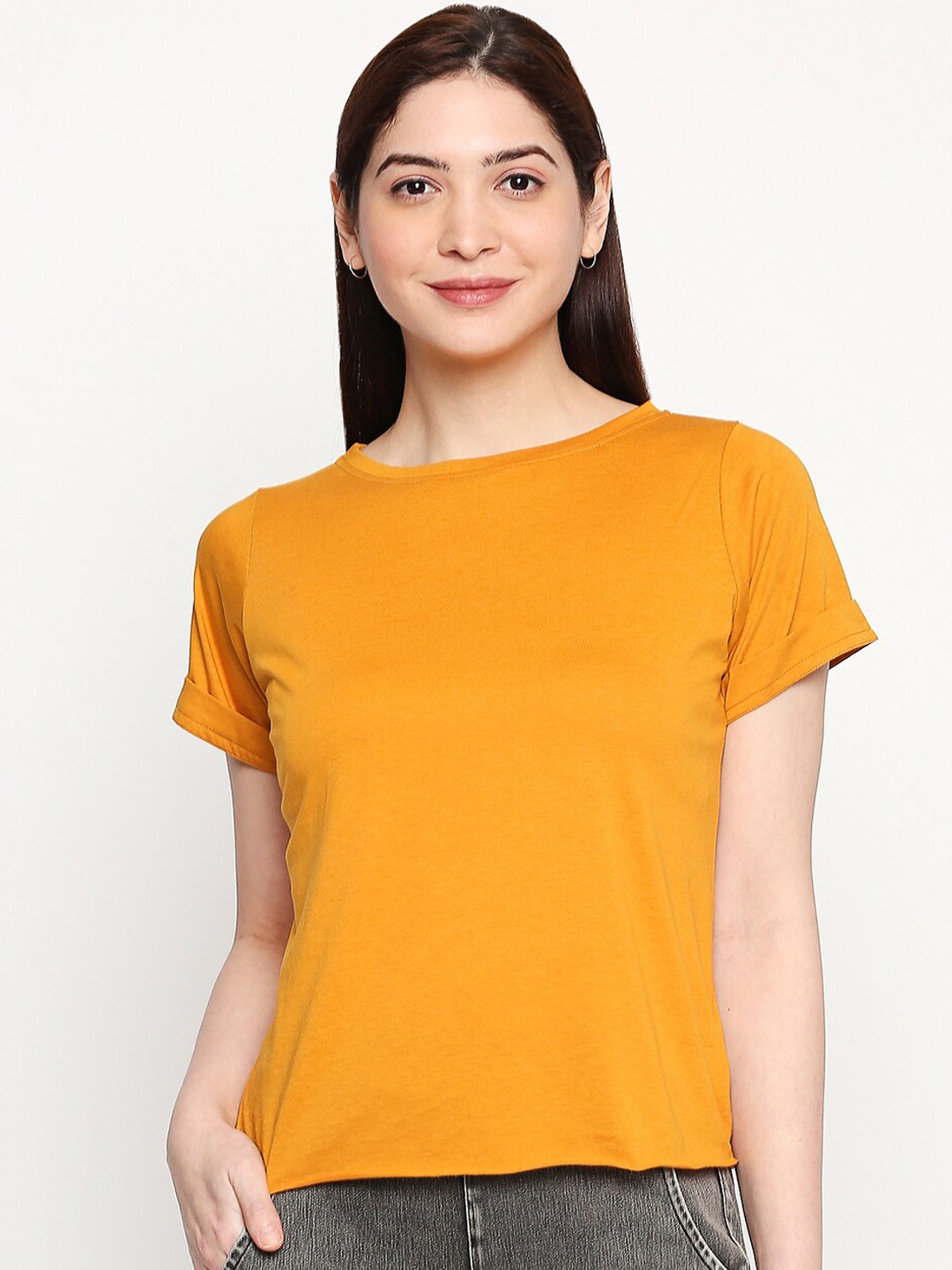 

inocenCia Women Mustard Yellow Solid Boat Neck T-shirt