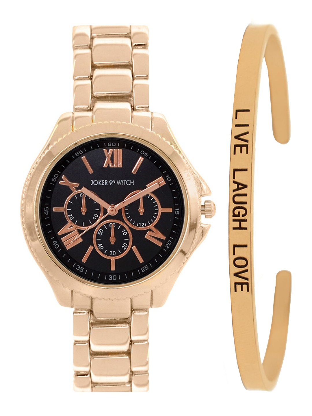 

JOKER & WITCH Women Black & Rose Gold-Toned Hour Watch & Bracelet Gift Set-JWBS392