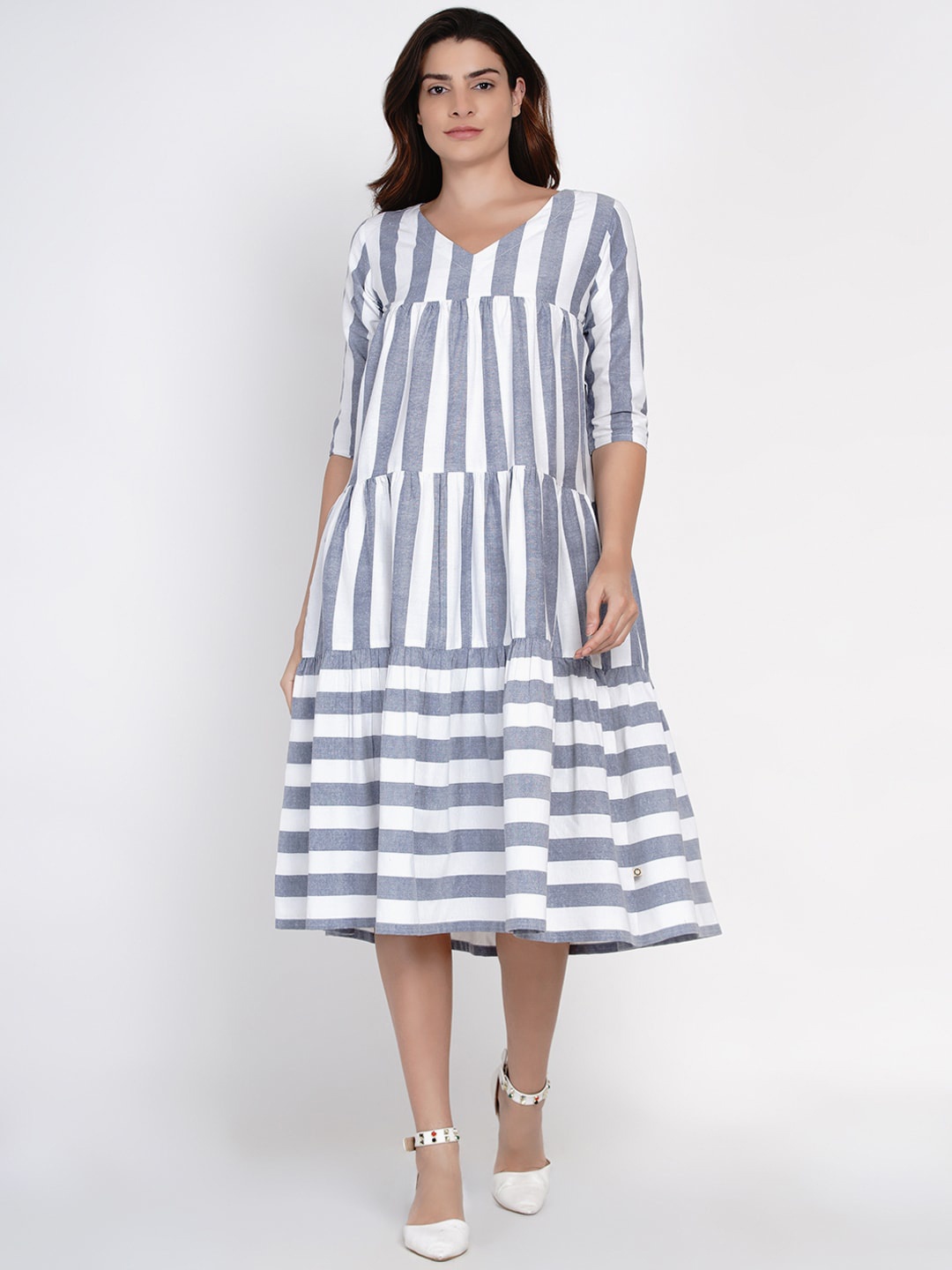 

FABNEST Women Grey Striped A-Line Dress