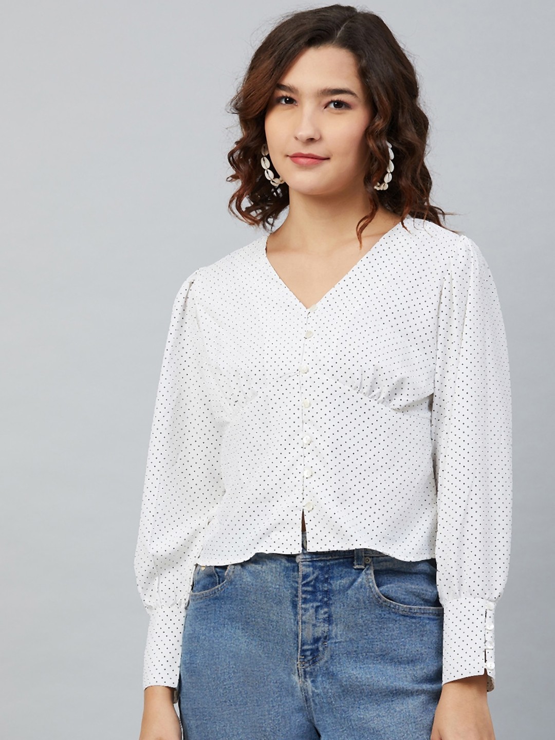 

Rare White Printed Crepe Shirt Style Top