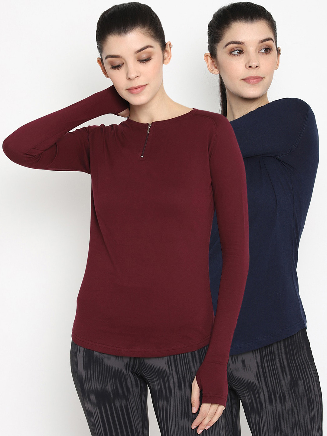

appulse Women Navy Blue & Maroon Set of 2 Solid Round Neck Tshirt