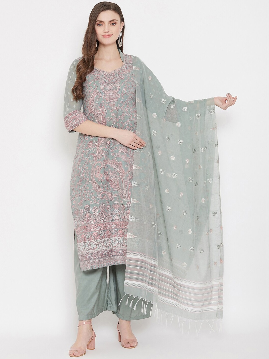 

Safaa Olive Green & Peach-Coloured Woven Design Unstitched Dress Material