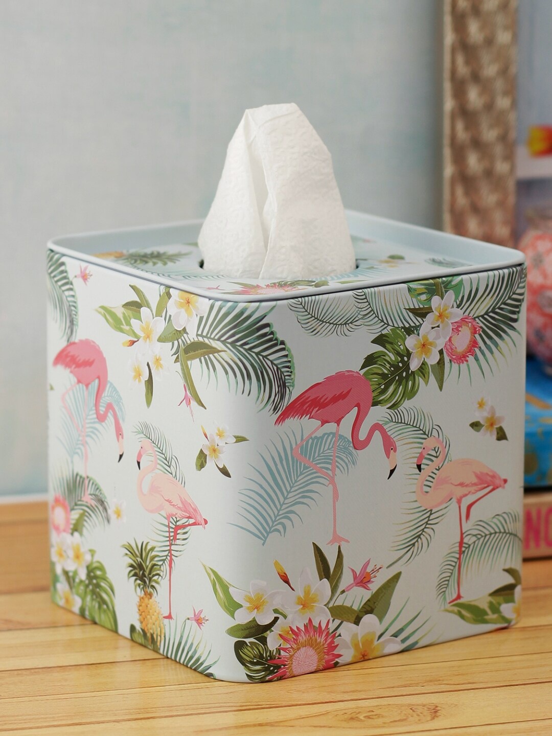 

A Vintage Affair- Home Decor Blue & Green Forest Flamingo Printed Tissue Box