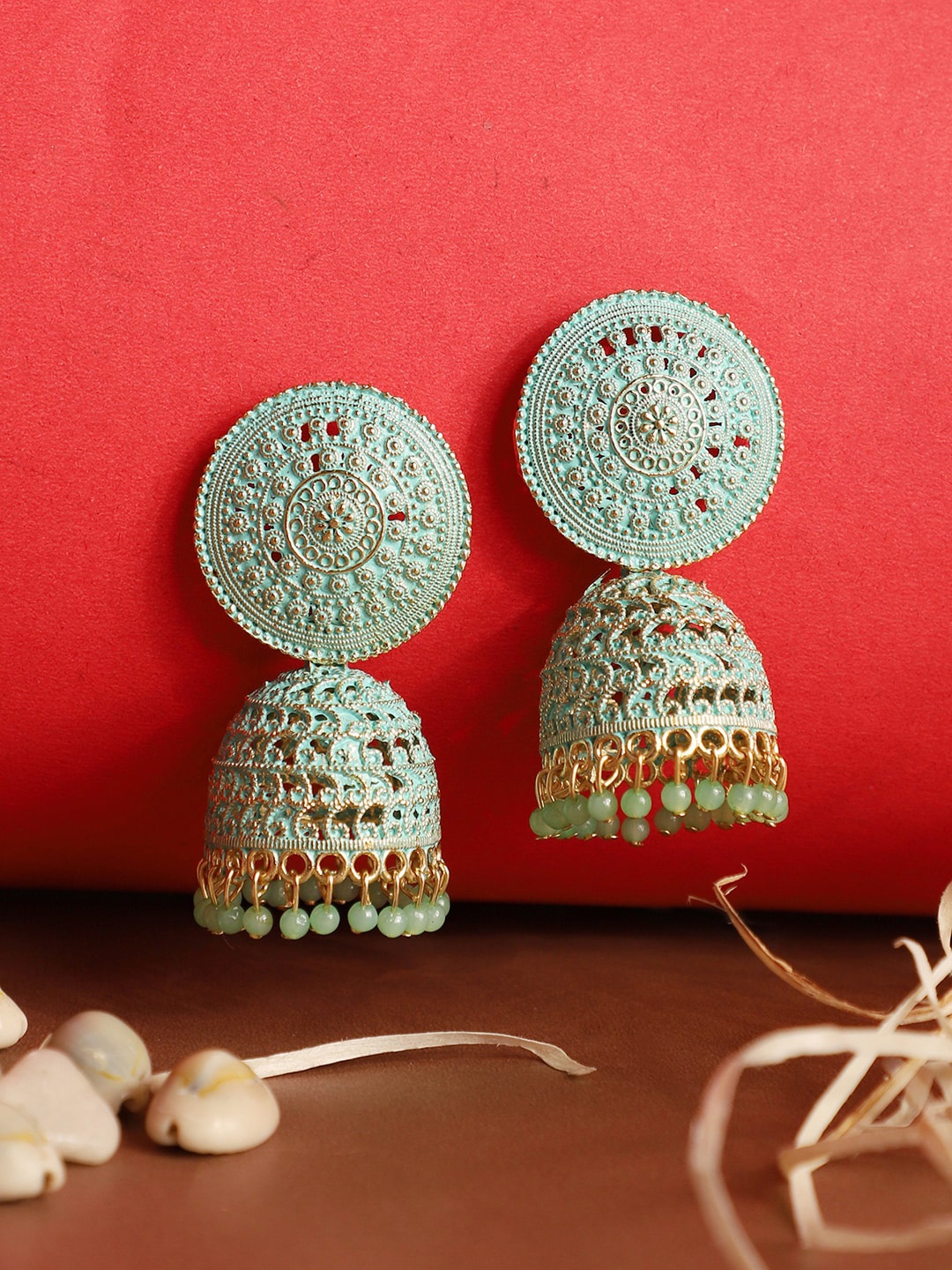 

ANIKAS CREATION Sea Green Dome Shaped Jhumkas