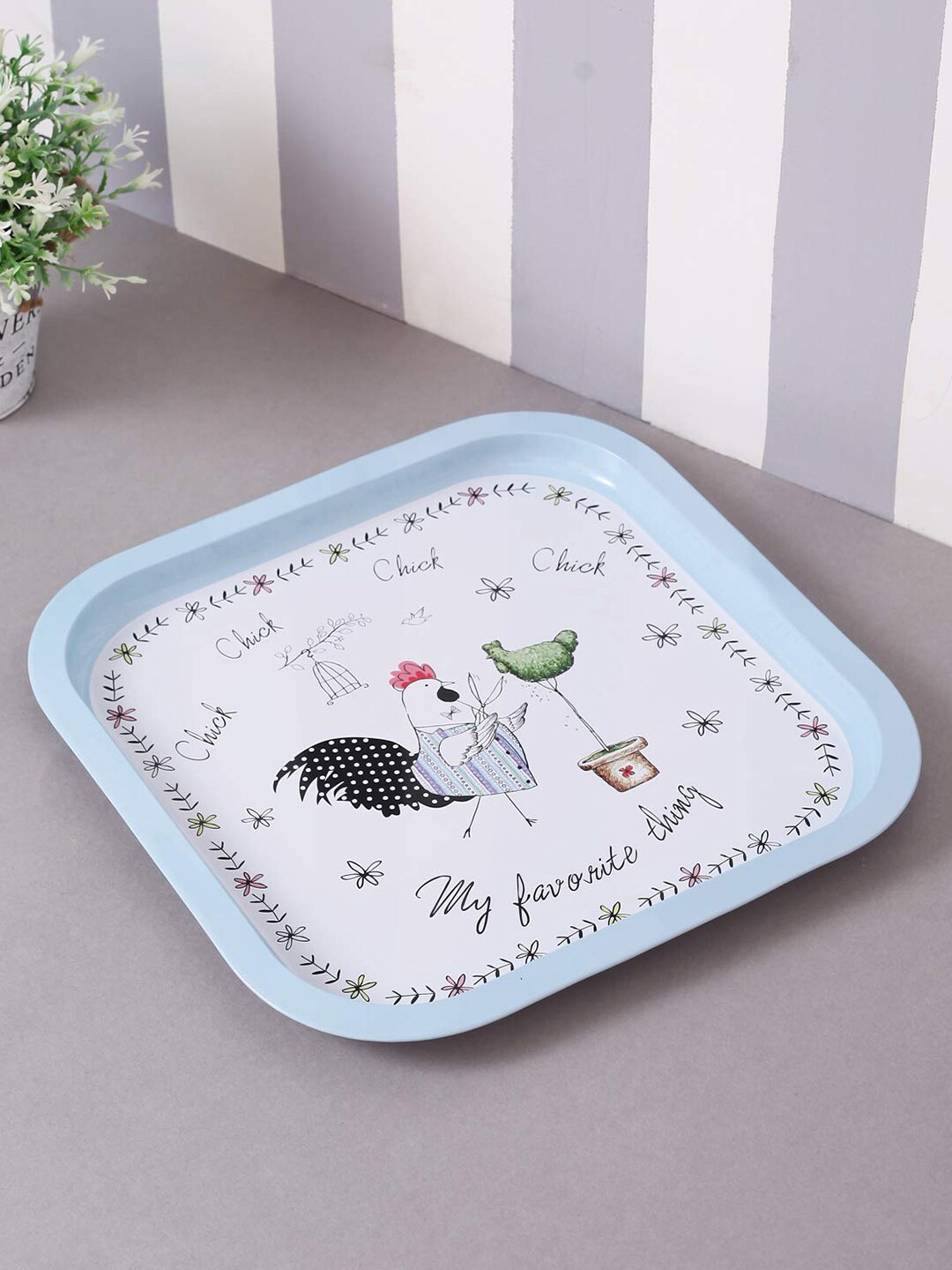 

A Vintage Affair Blue & White Rooster Metal Tin Tray