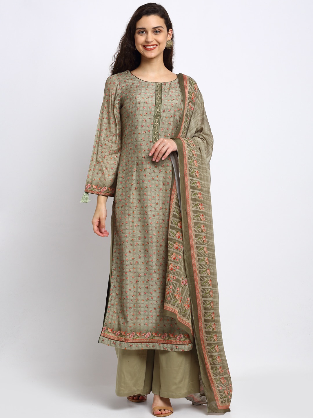 

Stylee LIFESTYLE Green & Pink Art Silk Unstitched Dress Material