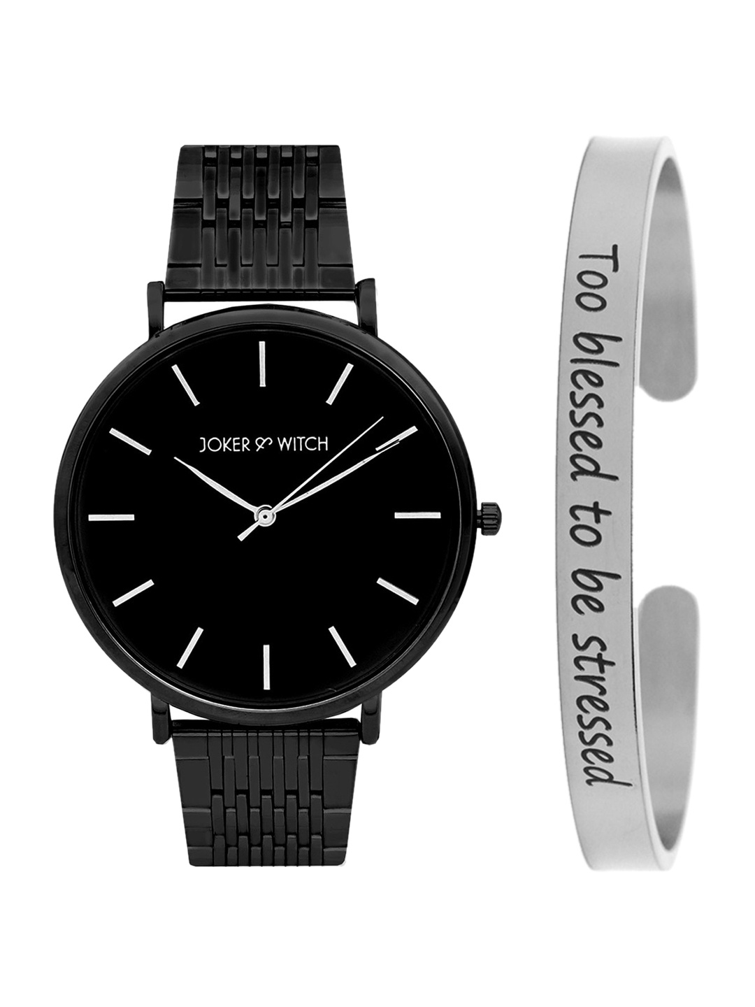 

JOKER & WITCH Women Black & Silver-Toned Watch & Bracelet Gift Set JWBS368