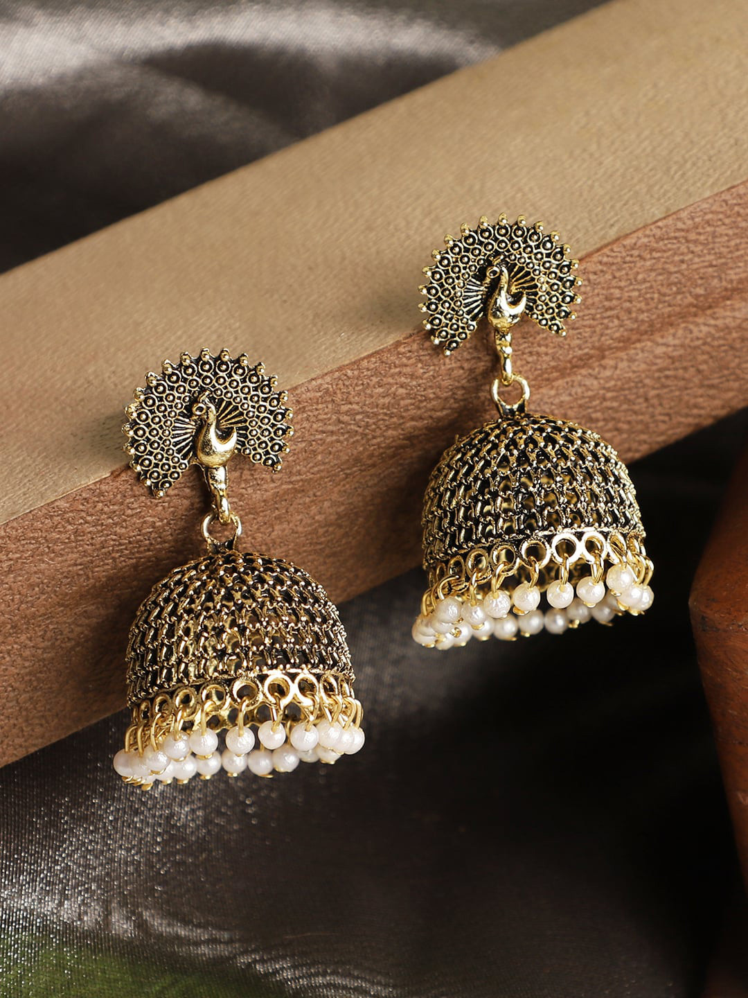 

ANIKAS CREATION Gold-Plated Peacock Dome Shaped Jhumkas