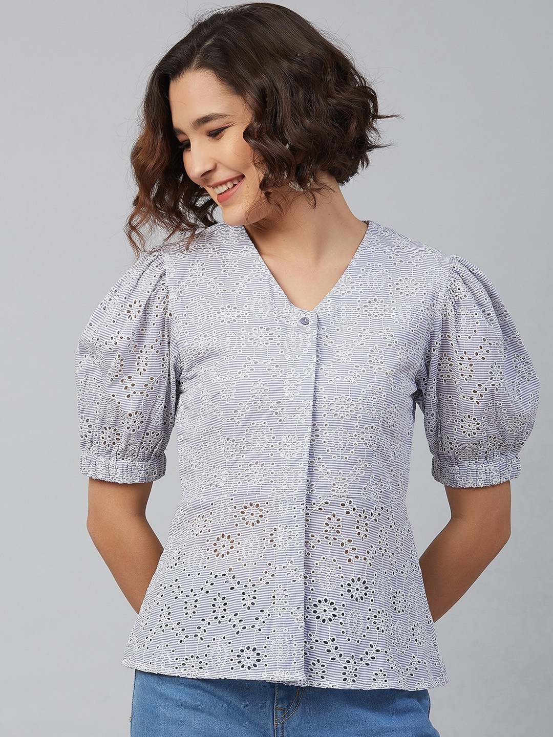 

Marie claire blue puff sleeves pure cotton regular top