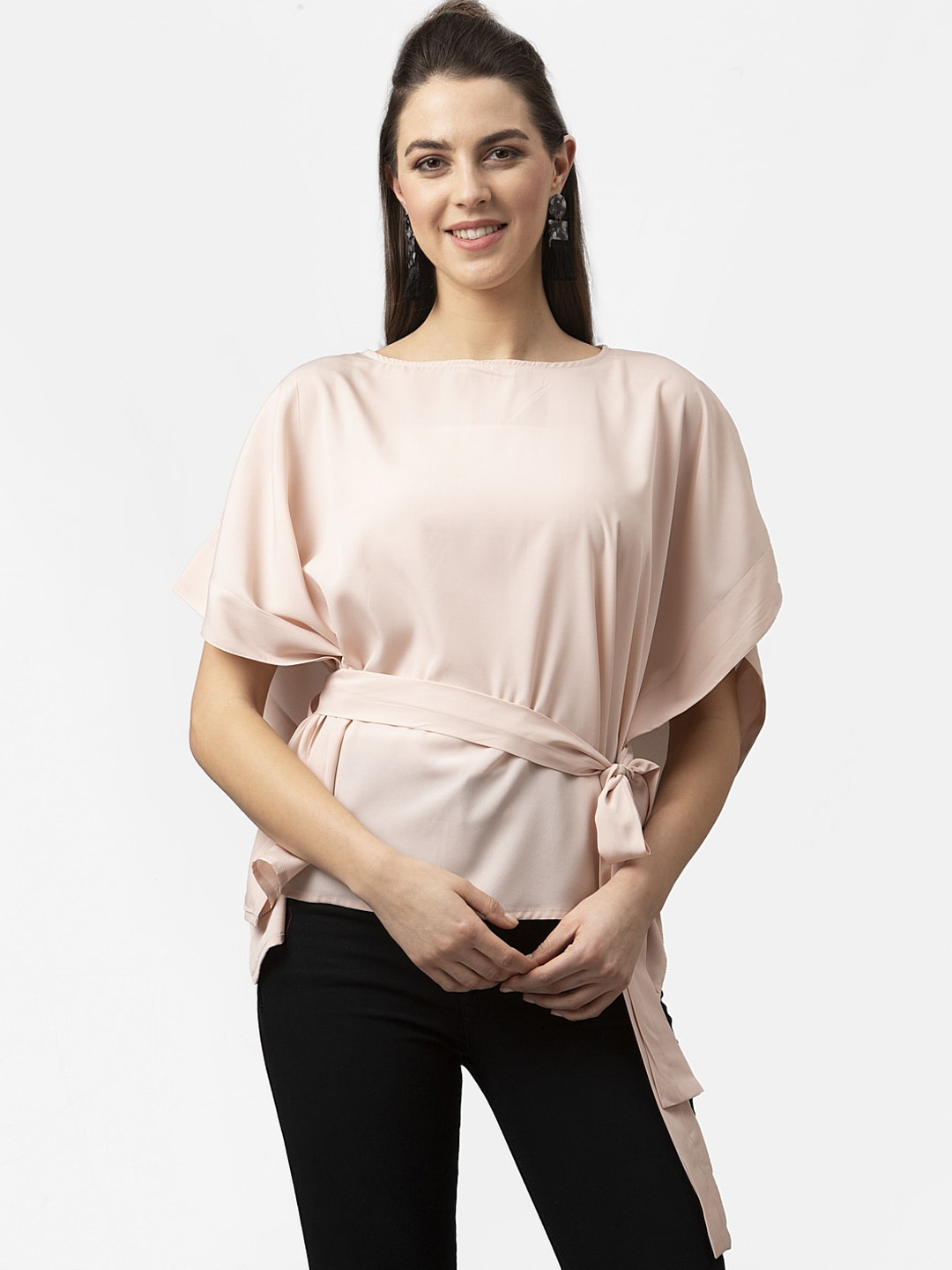 

Style Quotient Nude-Coloured Extended Sleeves Crepe Kaftan Top