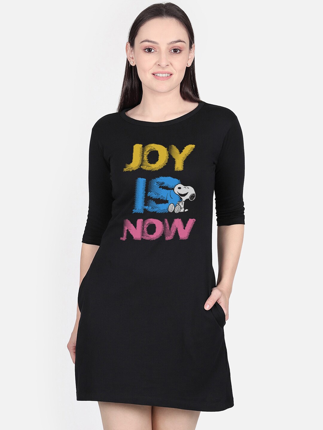 

Free Authority Women Peanuts Black Printed Cotton T-shirt Dress
