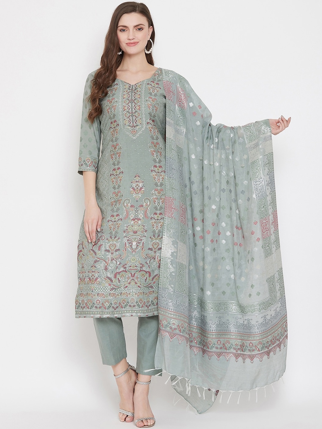

Safaa Olive Green Cotton Blend Woven Design Unstitched Dress Material For Summer