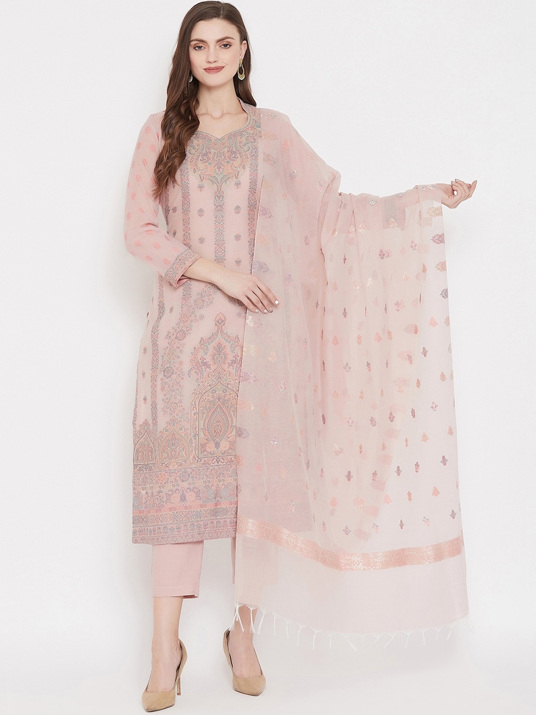 

Safaa Pink Cotton Blend Woven Design Unstitched Dress Material For Summer