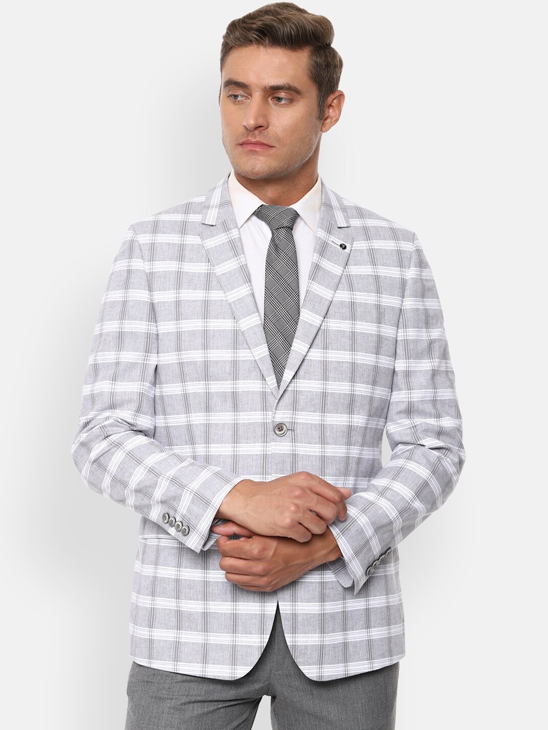 Van Heusen Men Grey & White Checked Slim-Fit Single-Breasted Formal Blazer