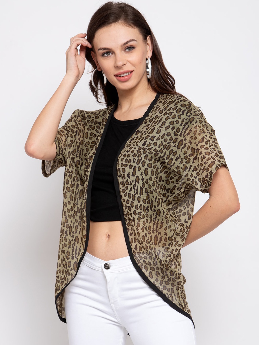 

Style Quotient Women Olive Green & Black Printed Open Front Shrug