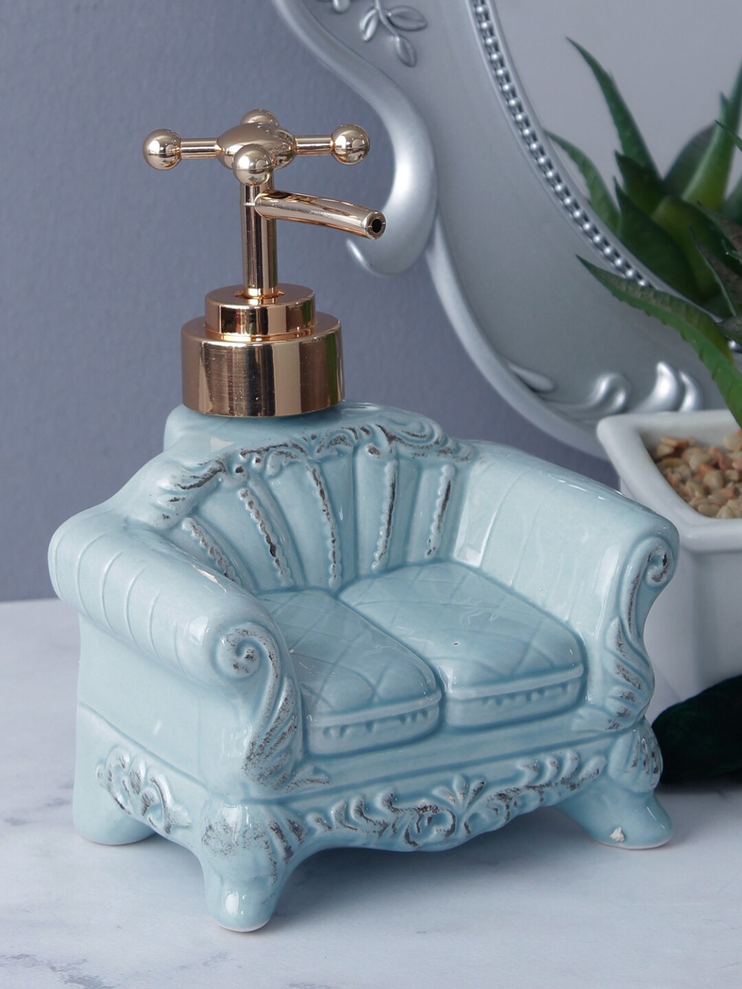 

A Vintage Affair- Home Decor Turquoise Blue & Gold-Toned Solid Vintage Sofa Soap Dispenser