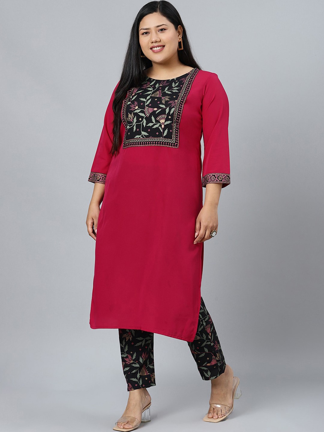 

curveZI by Ziyaa Women Magenta & Black Yoke Design Kurta with Trousers