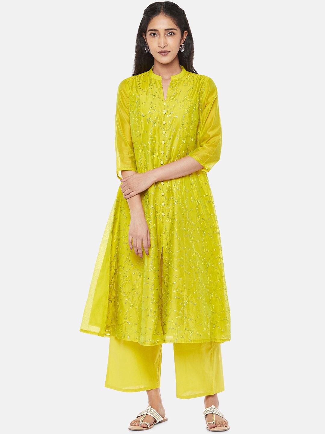 

RANGMANCH BY PANTALOONS Women Lime Green Embroidered Kurta with Palazzos