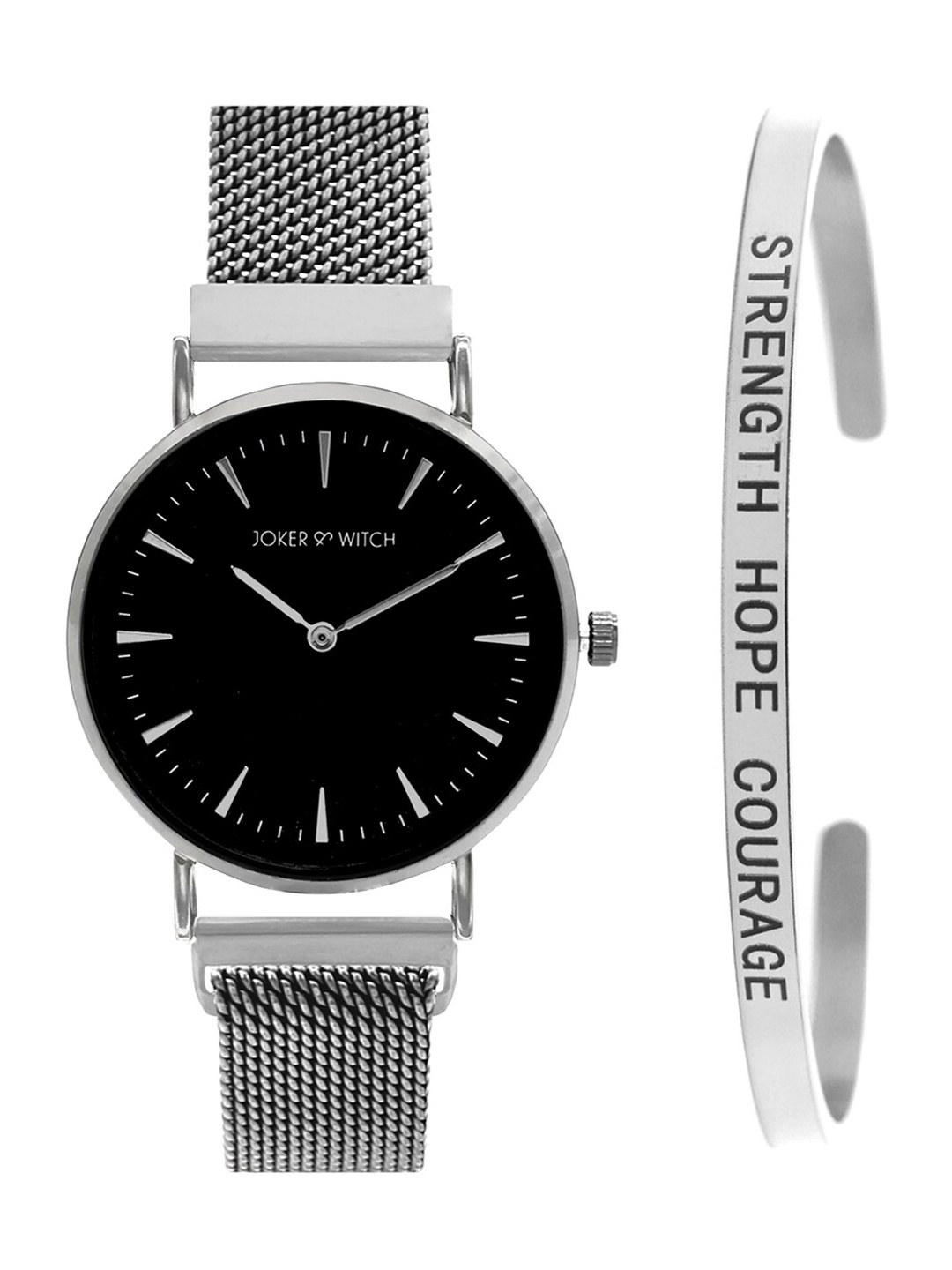 

JOKER & WITCH Women Black & Silver-Toned Dynamic Metal Watch & Bracelet Gift Set JWBS364