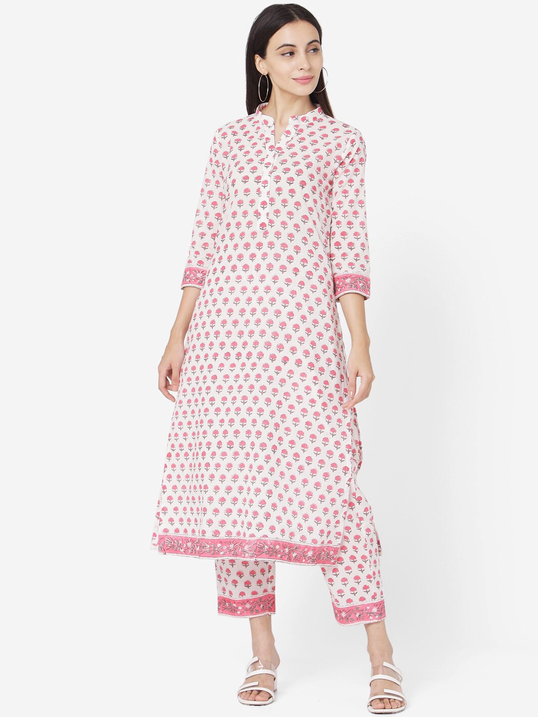 

Saanjh Women White Printed Kurta with Trousers