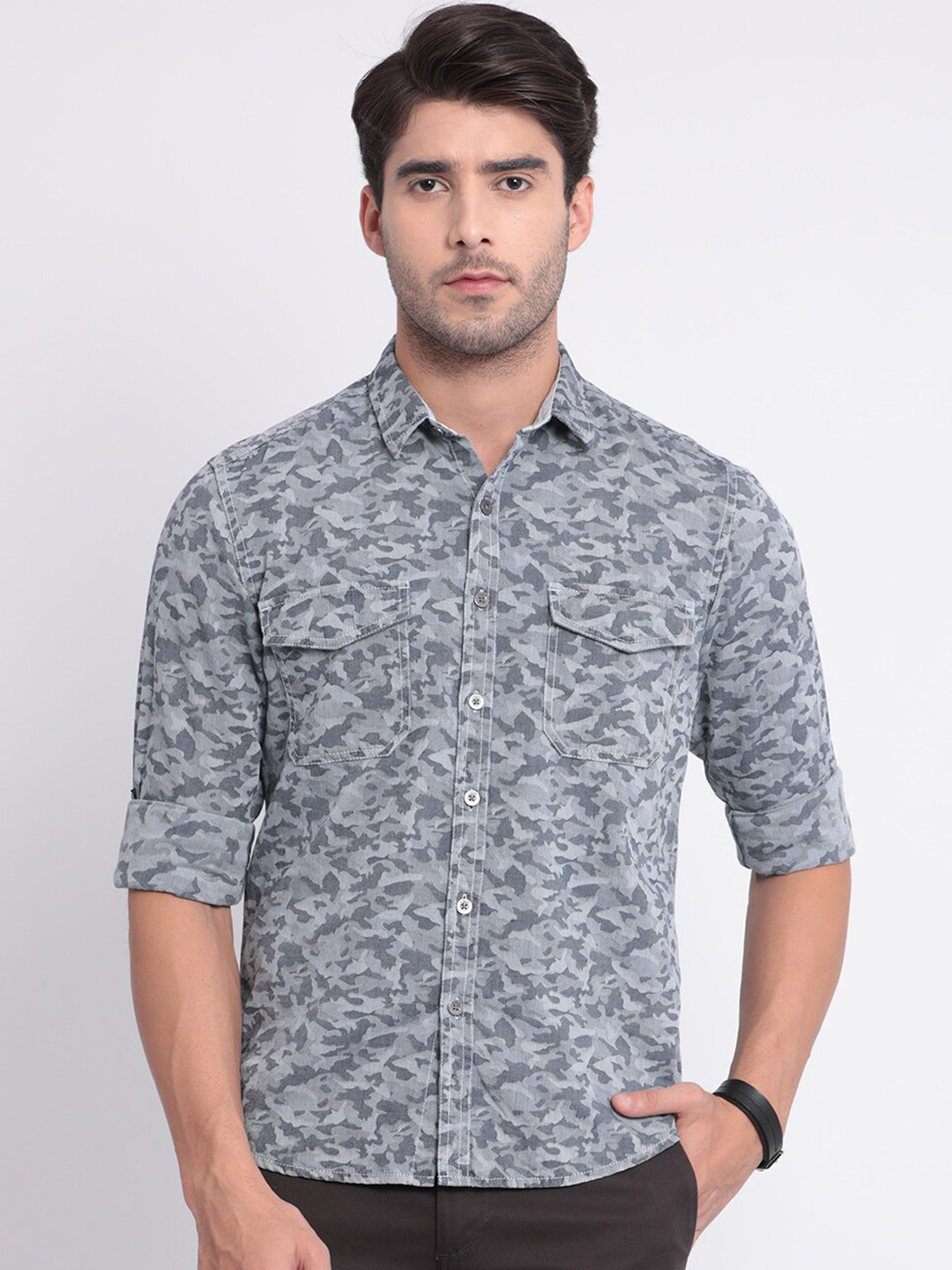 

t-base Men Grey Slim Fit Printed Casual Shirt