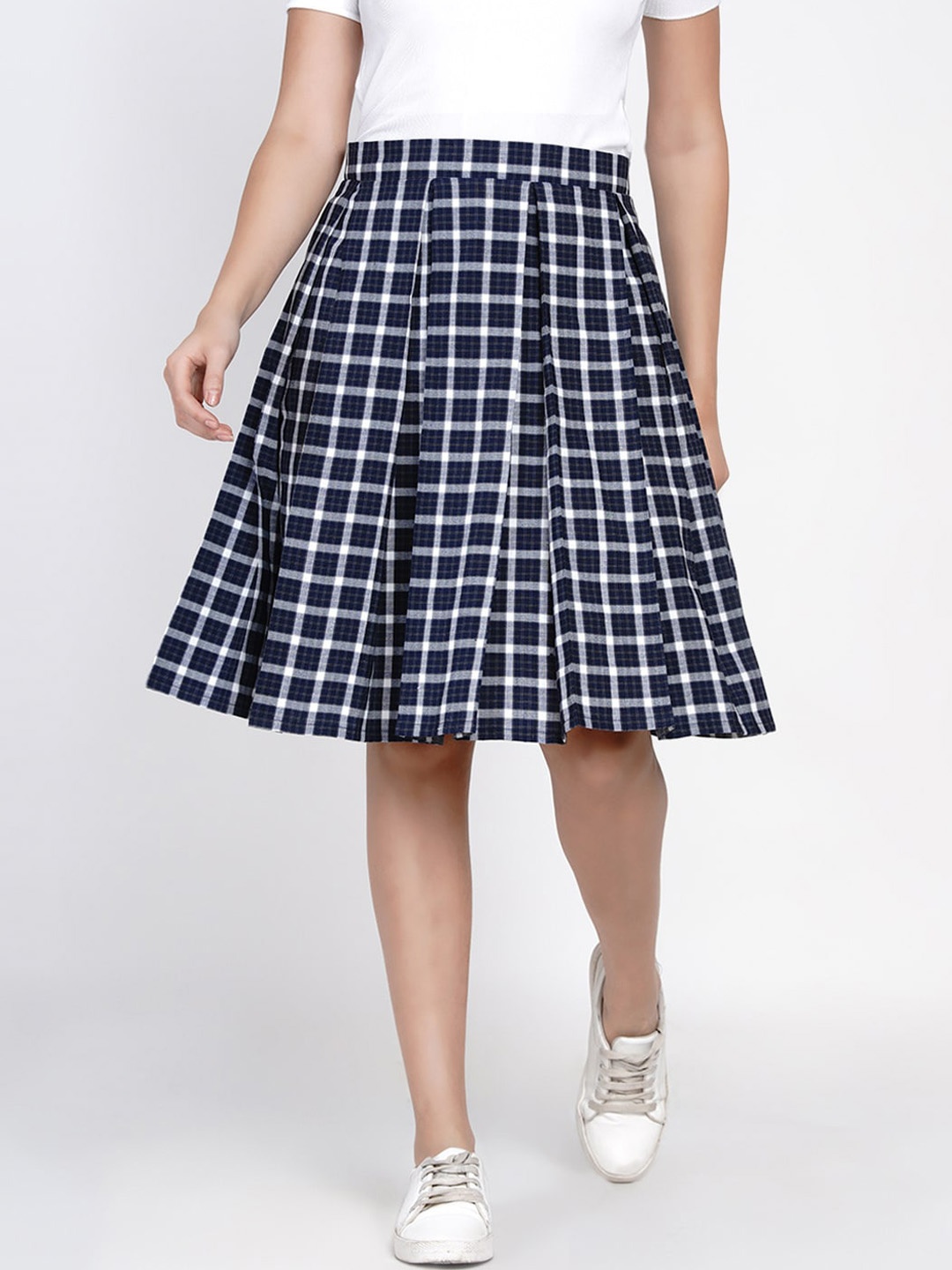 

FABNEST Women Blue & White Checked Woven A-Line Knee-Length Skirt