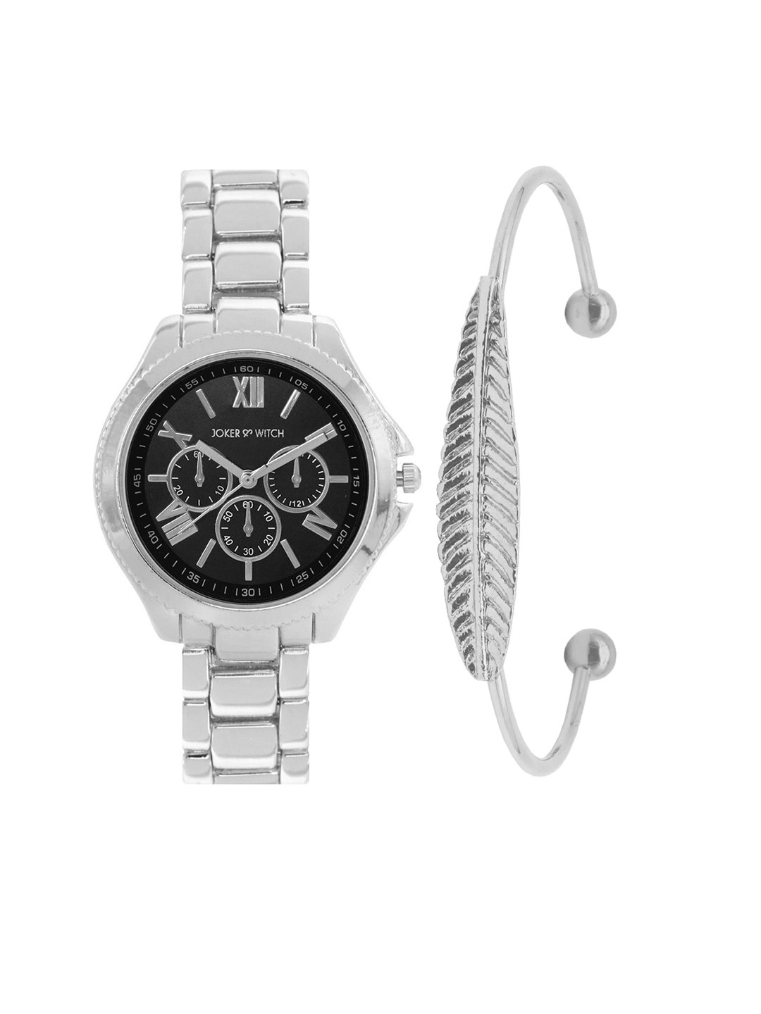 

JOKER & WITCH Women Silver-Toned & Black Chrono Blade Watch & Bracelet Gift Set-JWBS329