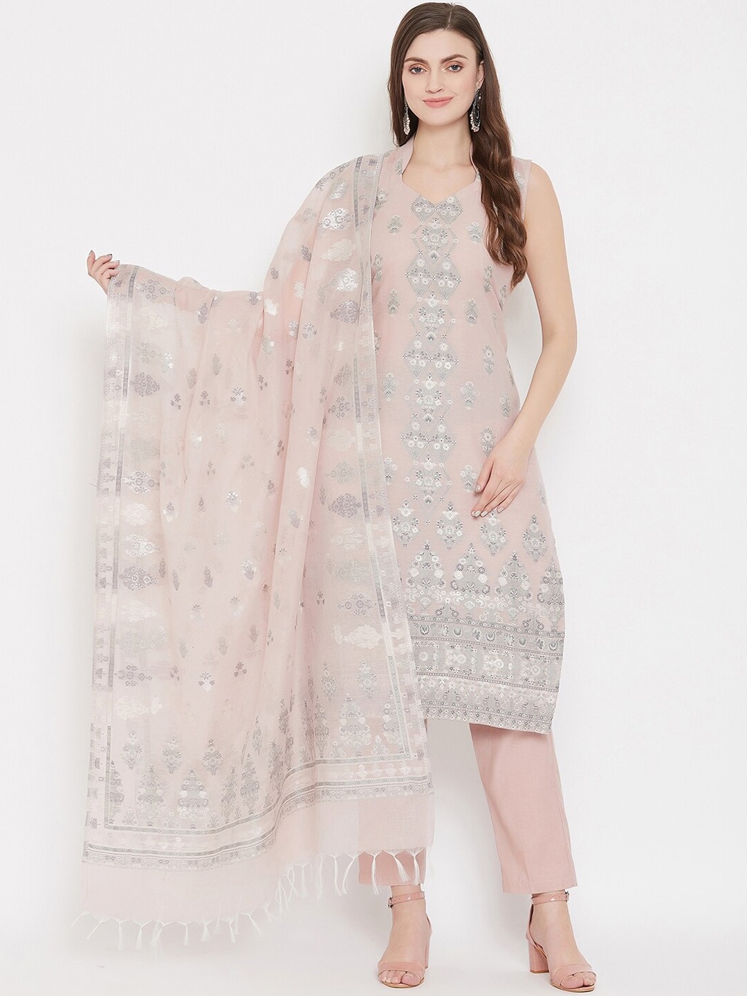 

Safaa Peach-Coloured & Grey Cotton Blend Woven Design Unstitched Dress Material For Summer
