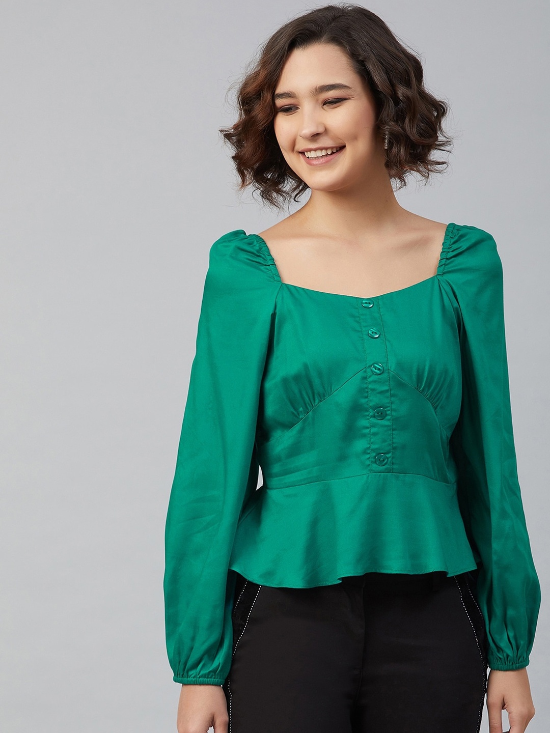 

Carlton London Green Puff Sleeves Peplum Top