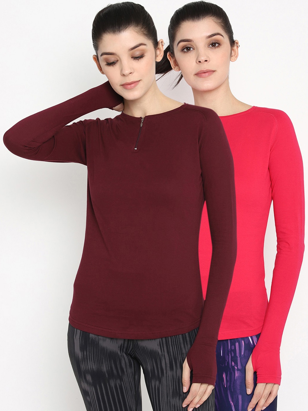 

appulse Women Maroon & Pink Set of 2 Solid Round Neck Tshirt