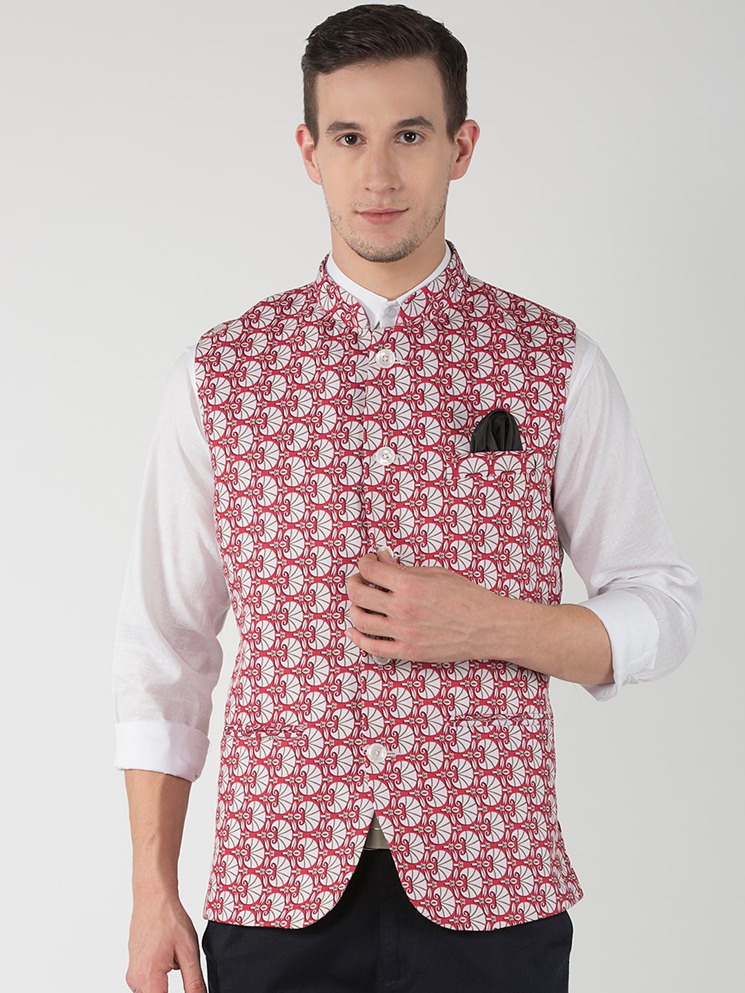 

Hangup Men Red & White Printed Nehru Jacket