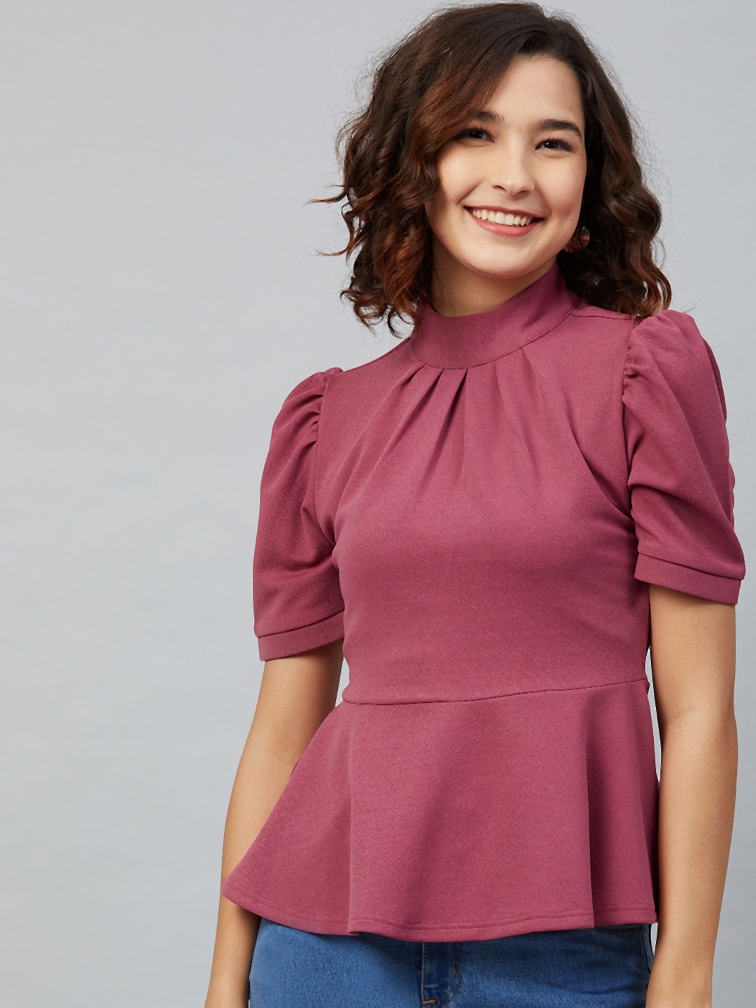 

Carlton London Pink Puff Sleeves Crepe Peplum Top