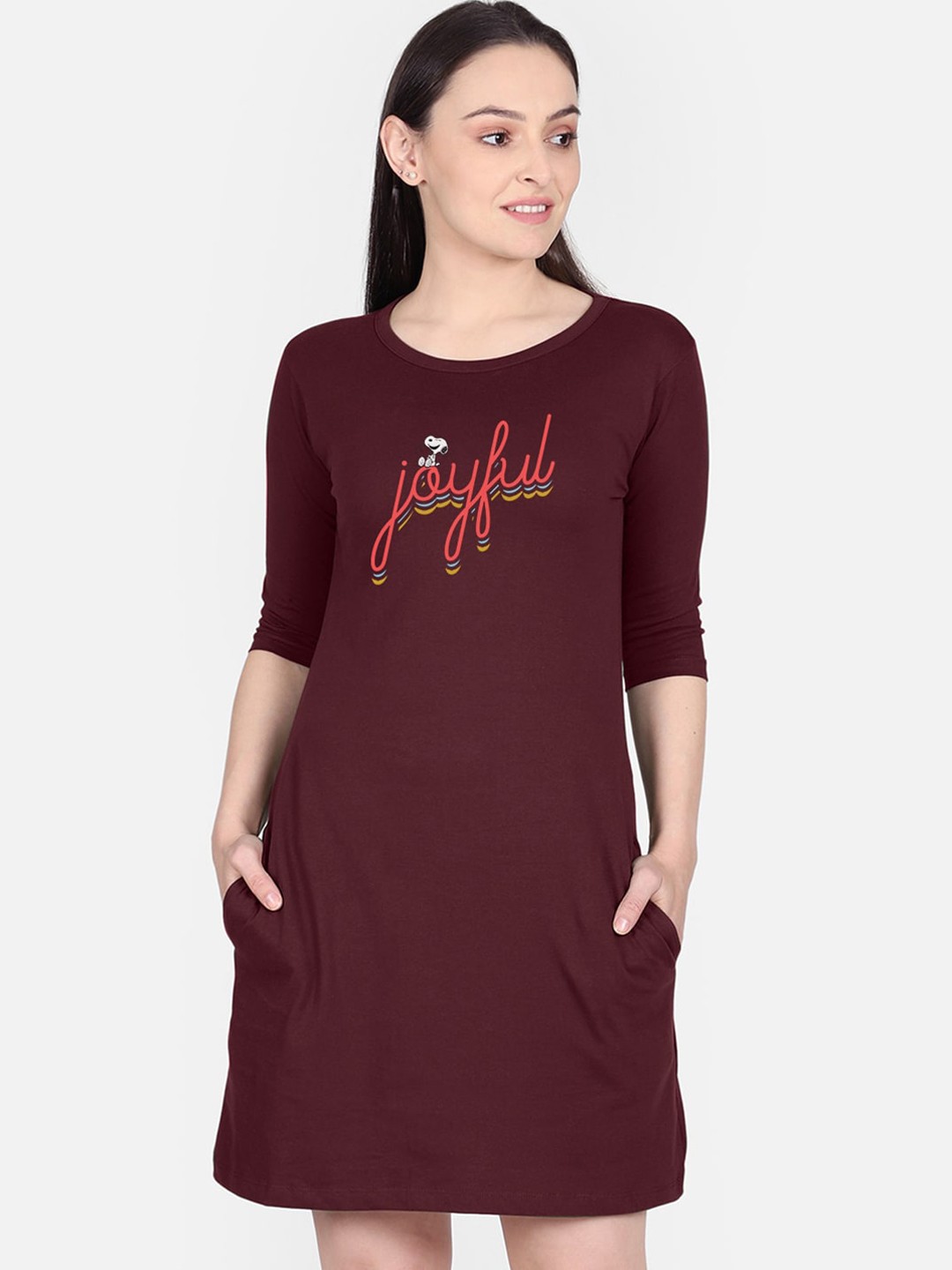 

Free Authority Women Maroon Peanuts Printed T-shirt Dress