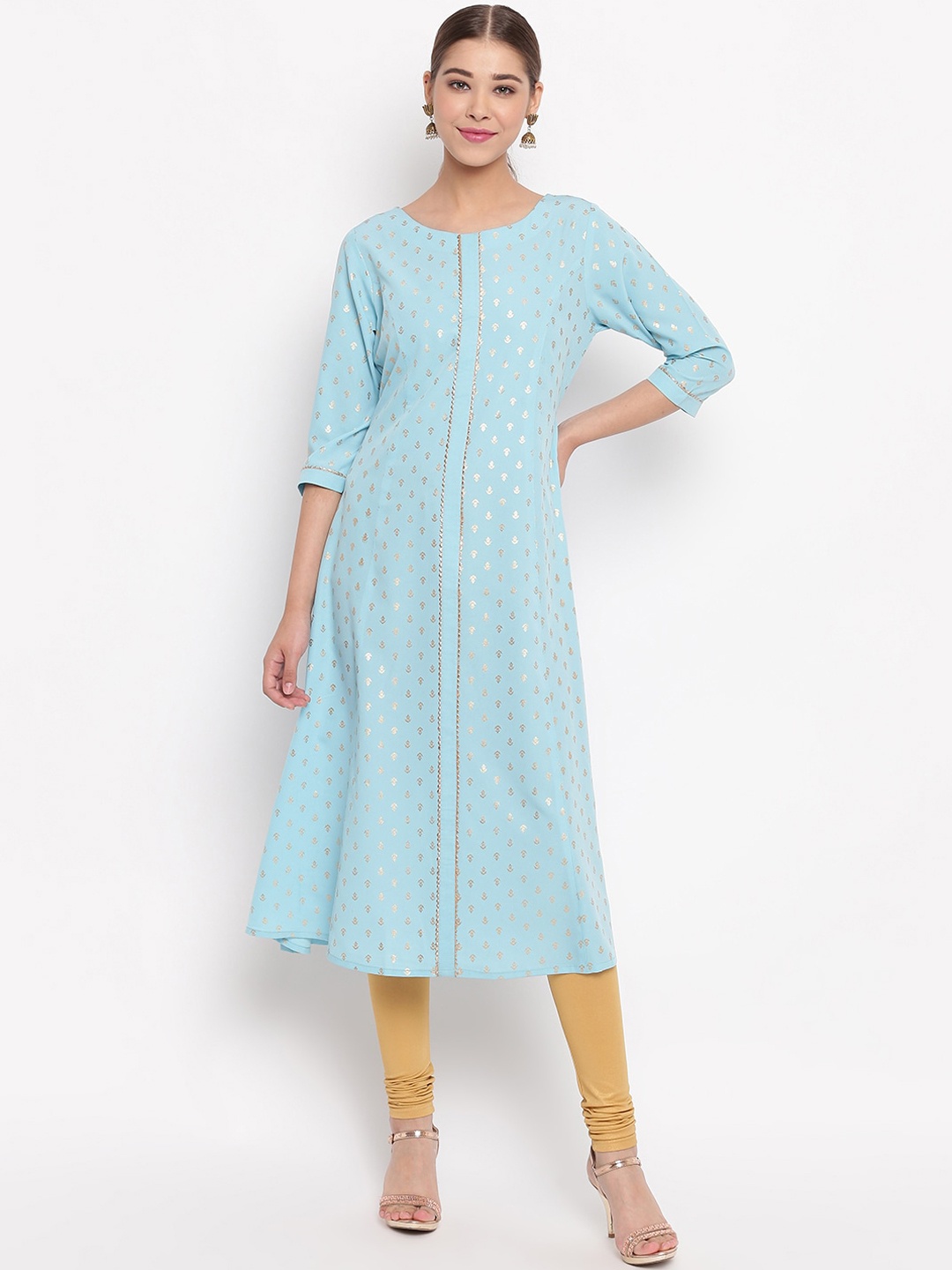 

Janasya Women Turquoise Blue Ethnic Motifs Printed Crepe Kurta