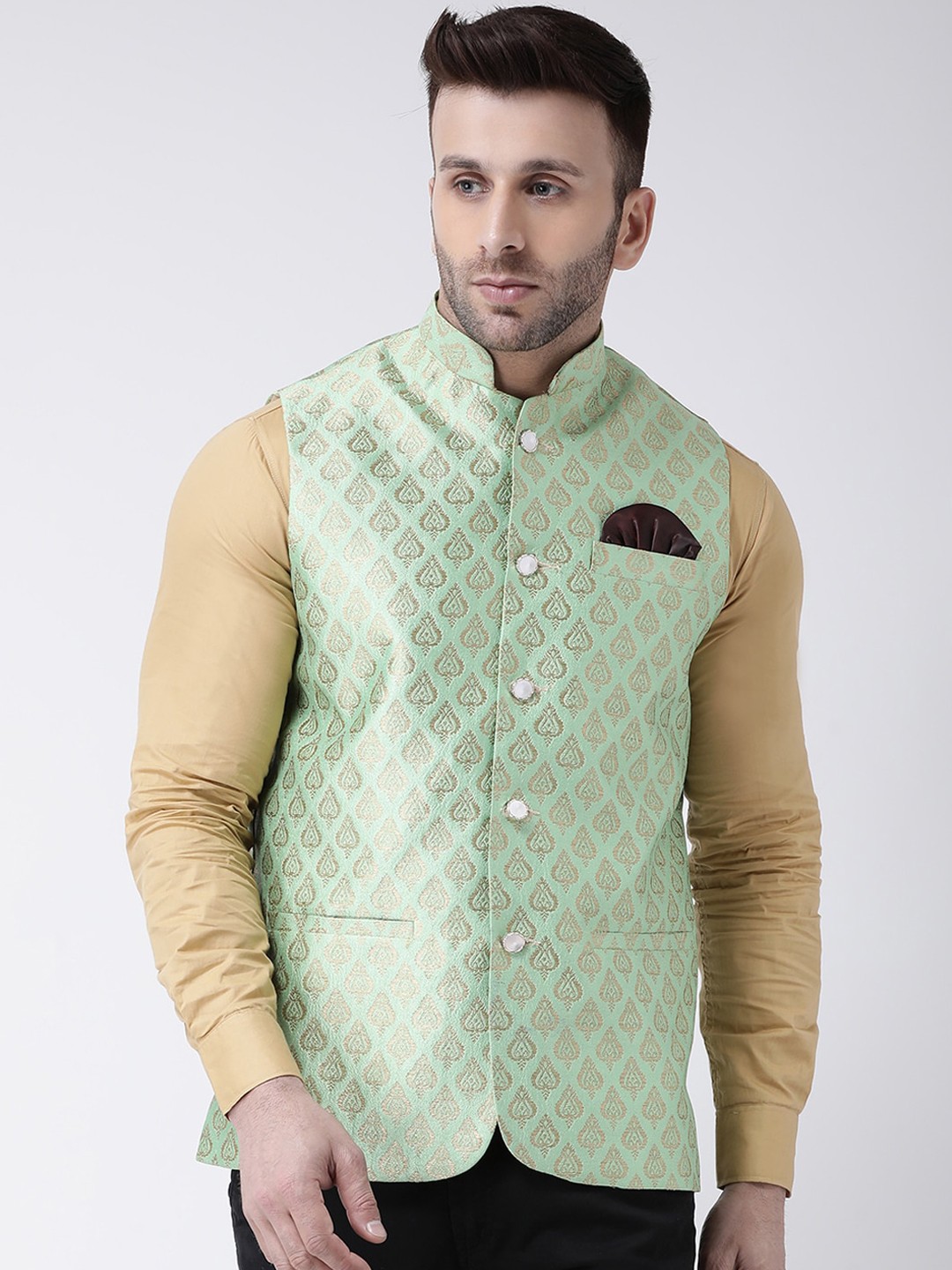 

Hangup Men Green & Beige Printed Woven Nehru Jacket