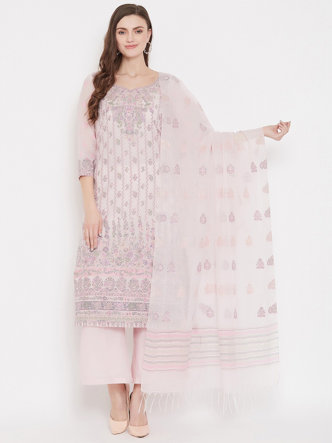 

Safaa Pink & Grey Cotton Blend Woven Design Unstitched Dress Material For Summer
