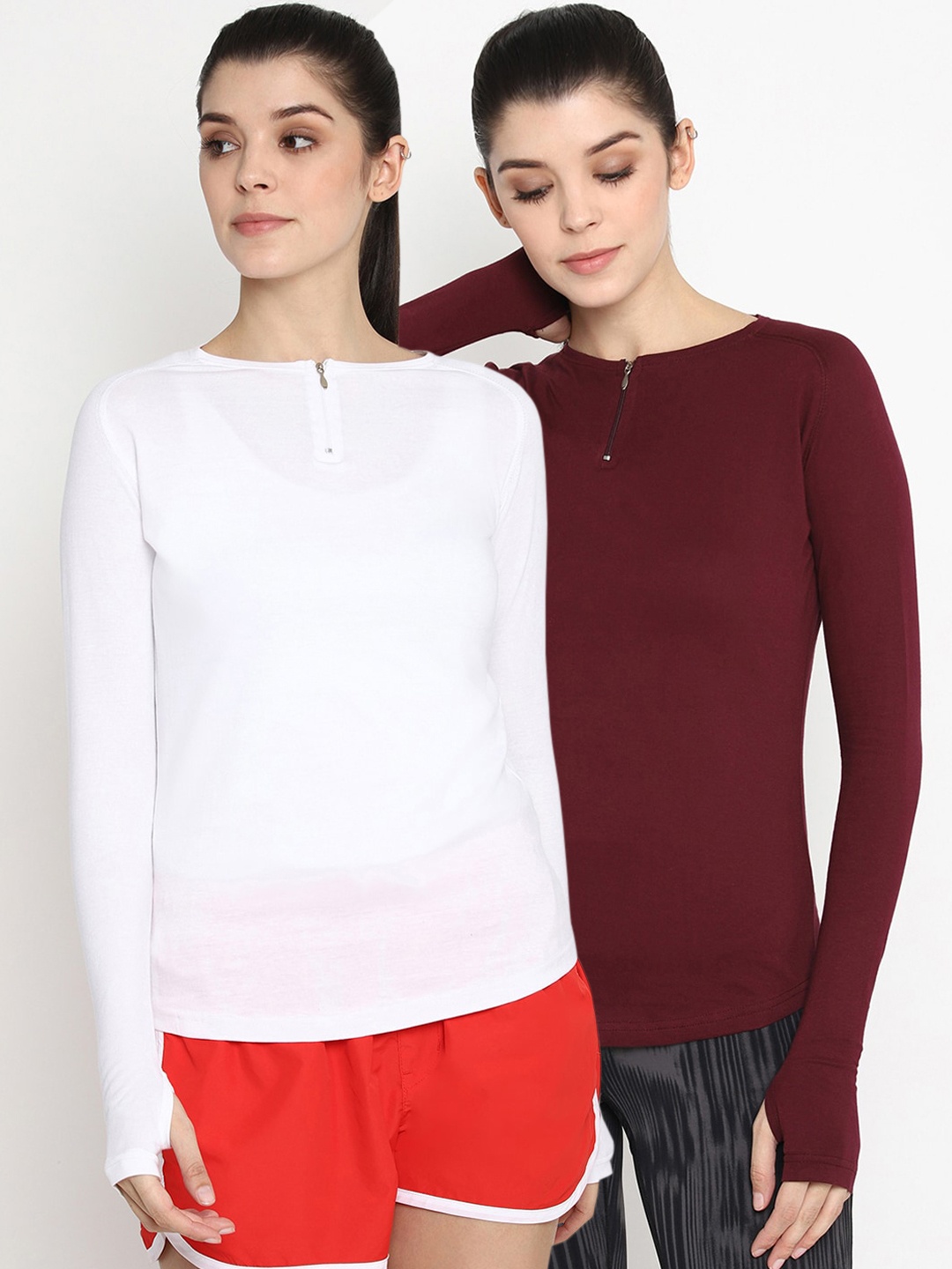 

appulse Women White & Maroon Set of 2 Solid Round Neck Tshirt