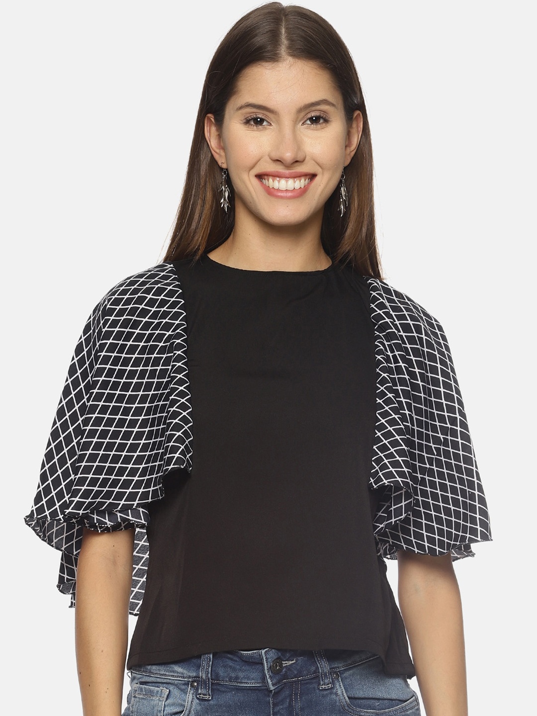 

Couper & Coll Black Flared Sleeves Monochrome Crepe Regular Top