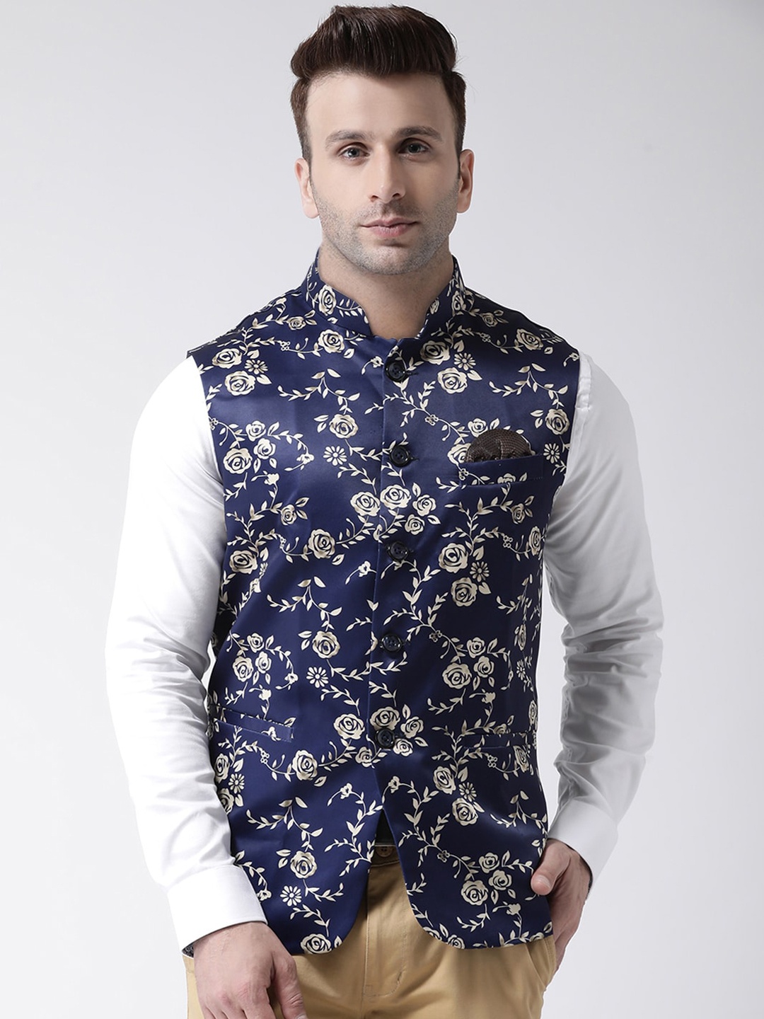

Hangup Men Blue & Beige Floral Printed Woven Nehru Jacket