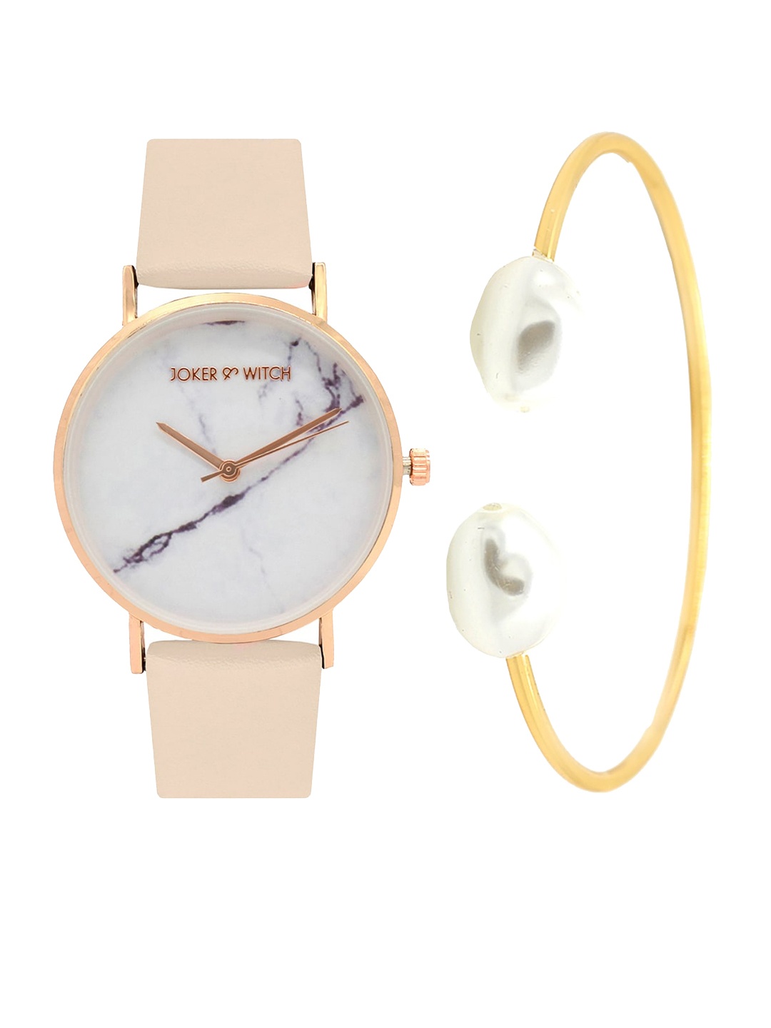 

JOKER & WITCH Women Beige & Gold-Toned Rose Drip Watch & Bracelet Gift Set