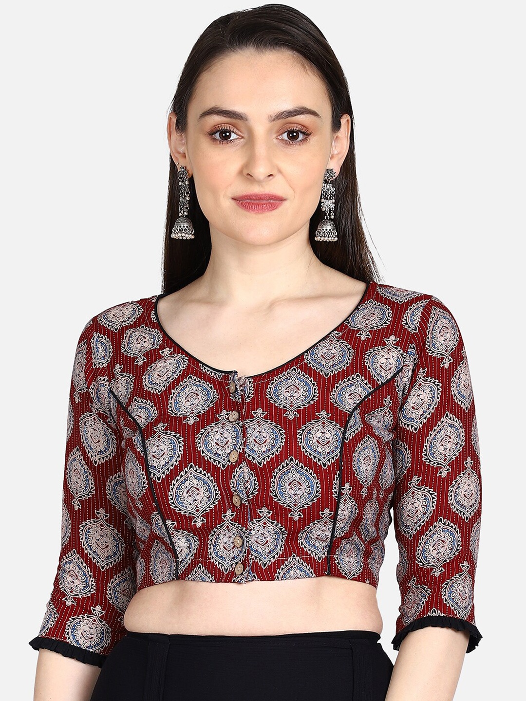 

THE WEAVE TRAVELLER Women Maroon & Blue Ajrakh Hand Block Printed Sustainable Saree Blouse