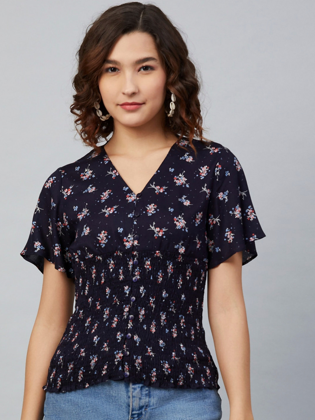 

Marie Claire Women Navy Blue Floral Printed Flared Sleeves Cinched Waist Top